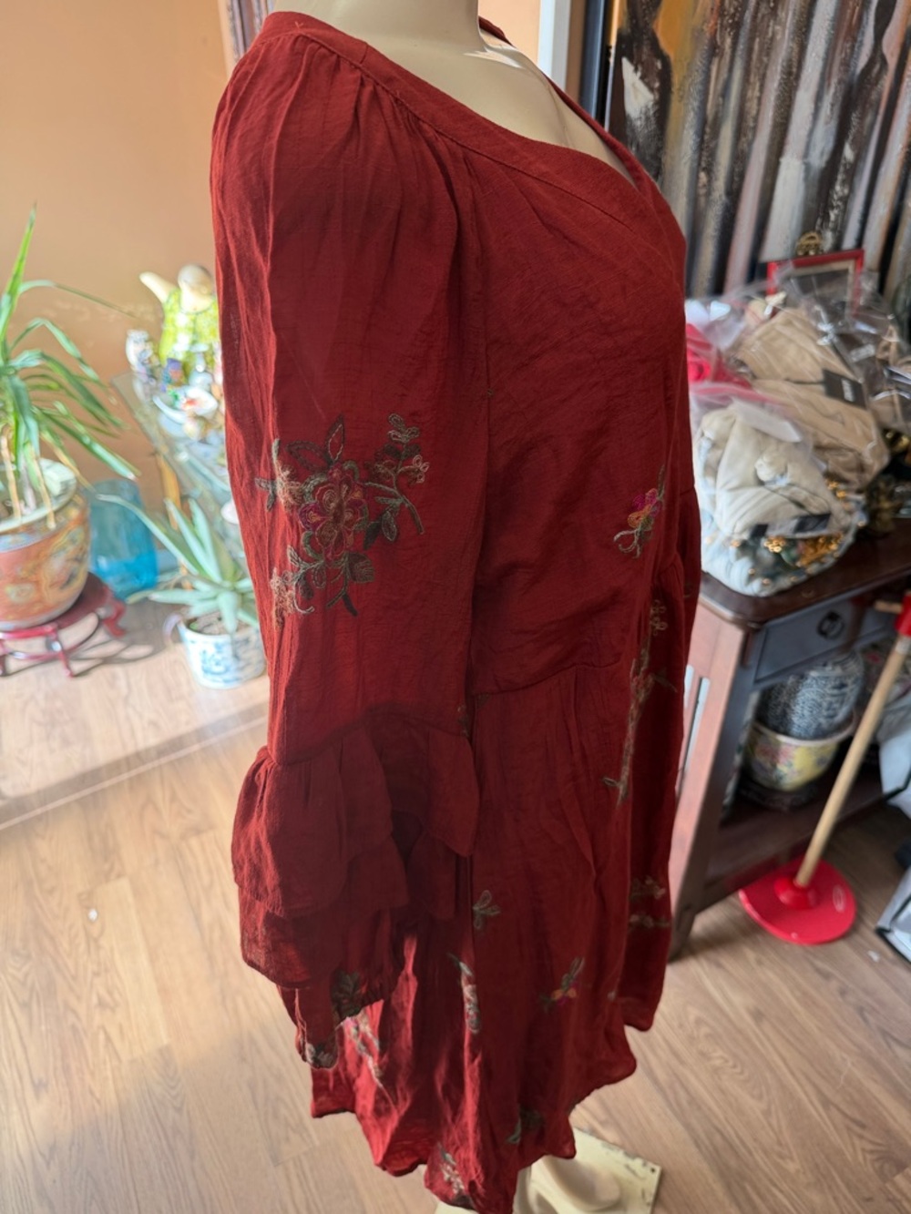 Embroidered V-Neck Boho Dress in Deep Wine - Picture 2 of 10